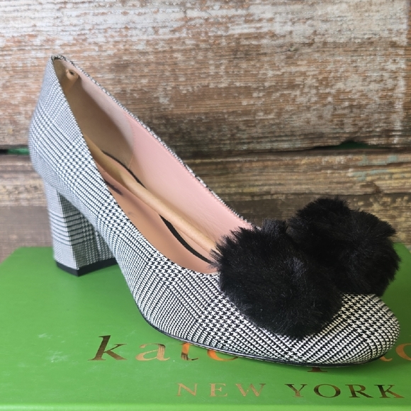 kate spade Shoes - Kate Spade Black & White Plaid Pom-Pom Block Heel Pumps, Size 9